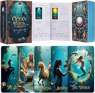 XSYLOHXL Ocean Tarot Cards with Guide Book for Beginners Unique Pretty Gold Foil Tarot Oracle Deck Set with Beautiful Box 400GSM 78 PCS Card Standard Size