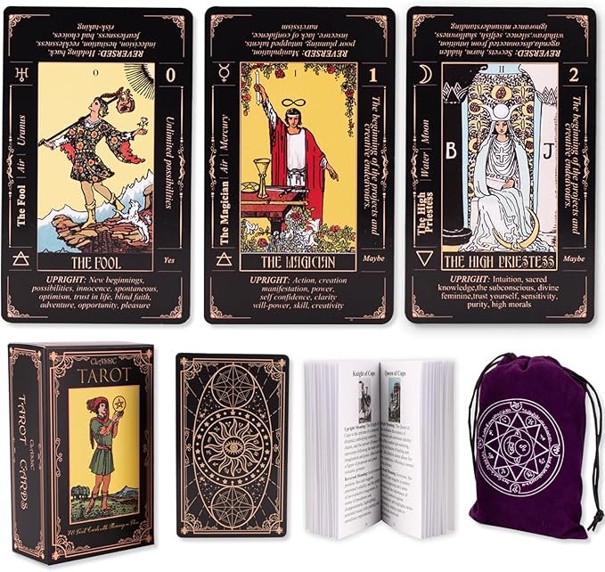 Classic Tarot Cards for Beginners with Meanings, Durable Deck and Guide Book (Black) (Excluding Tablecloth)